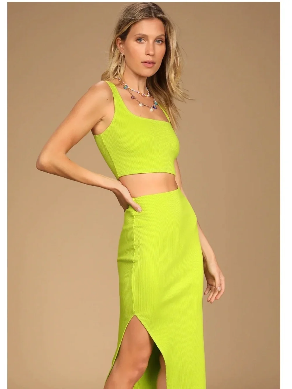 NWOT Lulus Set For Life Lime Green Ribbed Bodycon Skirt Set S